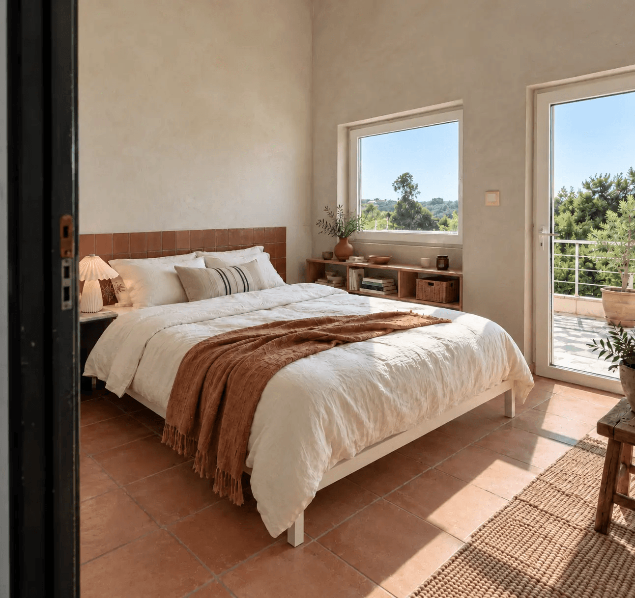A bright Nuara bedroom with a double bed and an open terrace doorway.