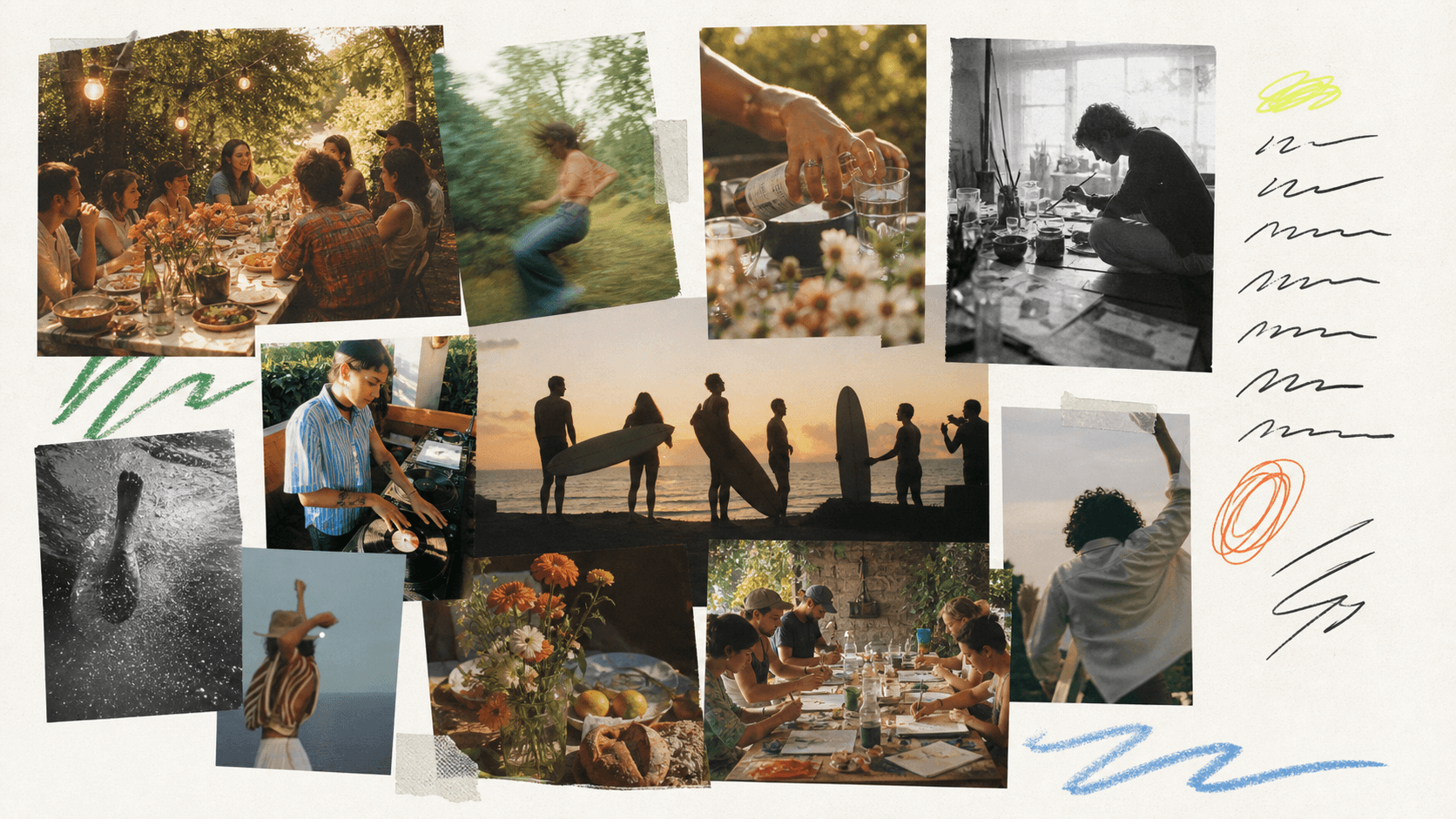 A collage of shared dinners, music, workshops, movement, surf, and handwritten marks.
