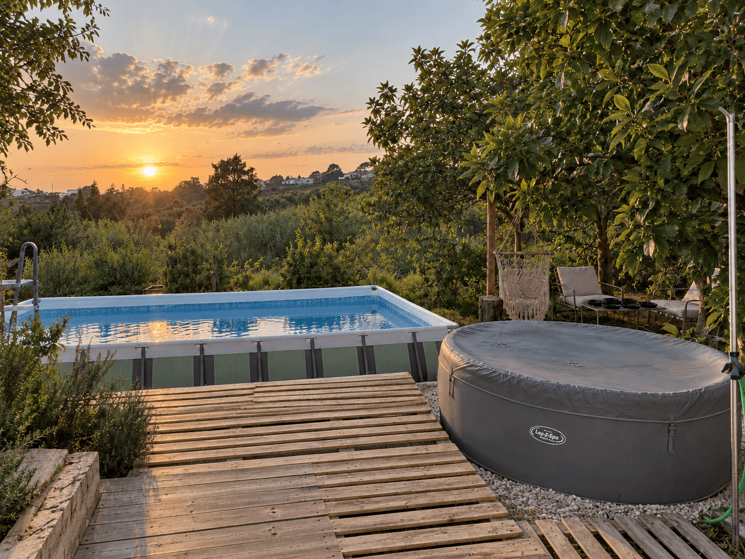 Garden pool and covered hot tub beside a wooden deck at sunset.