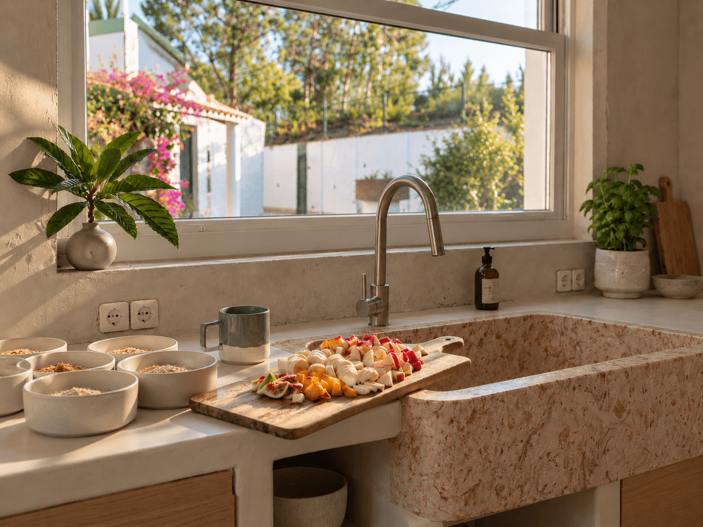 Breakfast bowls and freshly cut fruit on the kitchen counter.