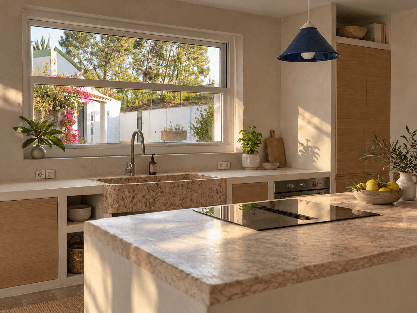 Shared kitchen with a stone island, hob, oven and a large window.