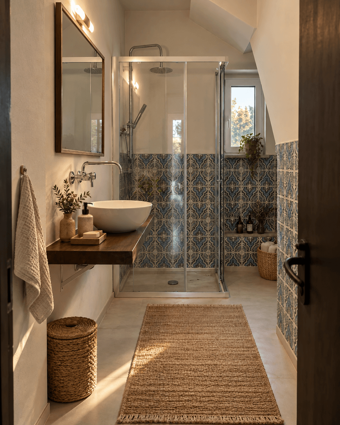 Ground-floor bathroom with blue patterned tiles and a glass shower.