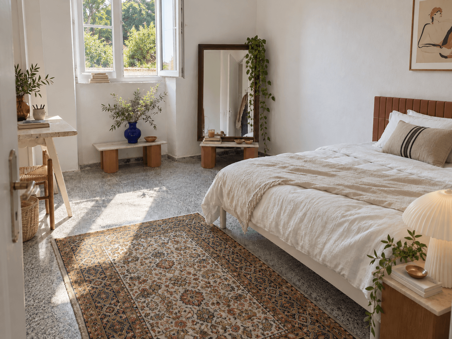 Ground-floor Sunrise bedroom with a double bed, writing desk and patterned rug.