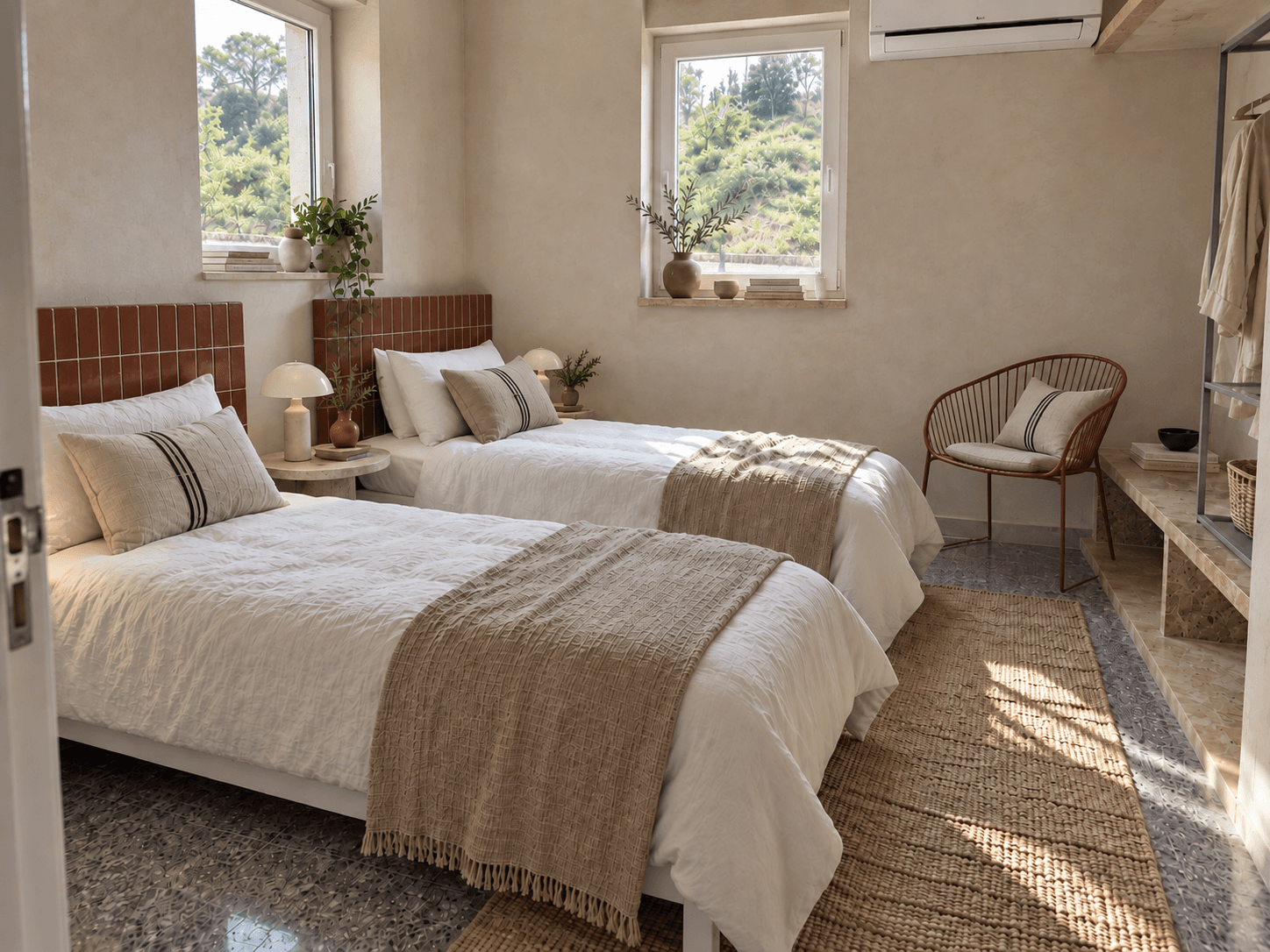 Ground-floor Sunrise bedroom with two single beds and two windows.