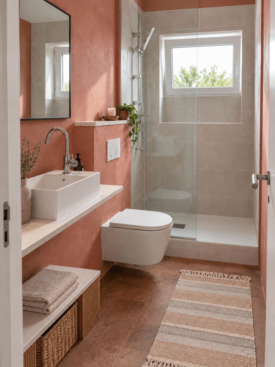 First-floor bathroom with terracotta walls and a walk-in shower.