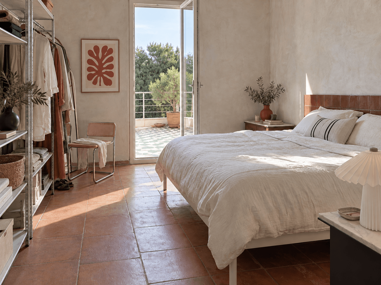 Sunset bedroom with a double bed, open clothes rail and terrace doorway.