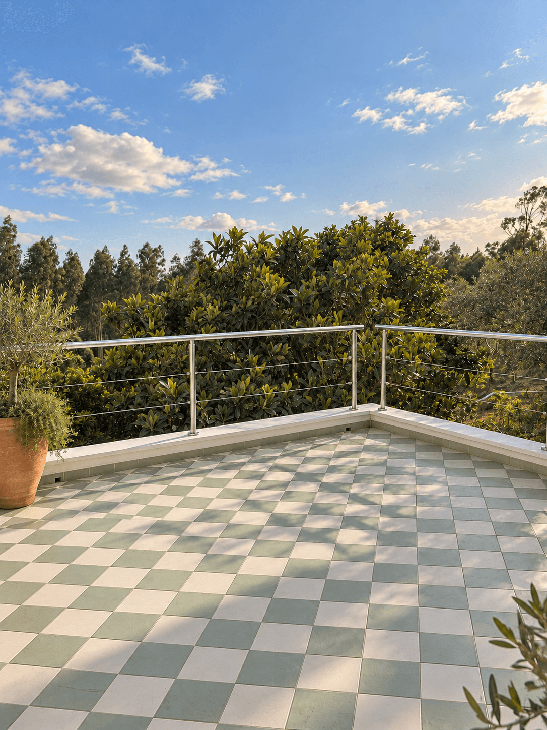 Green-and-white tiled terrace with railings and views of the trees.