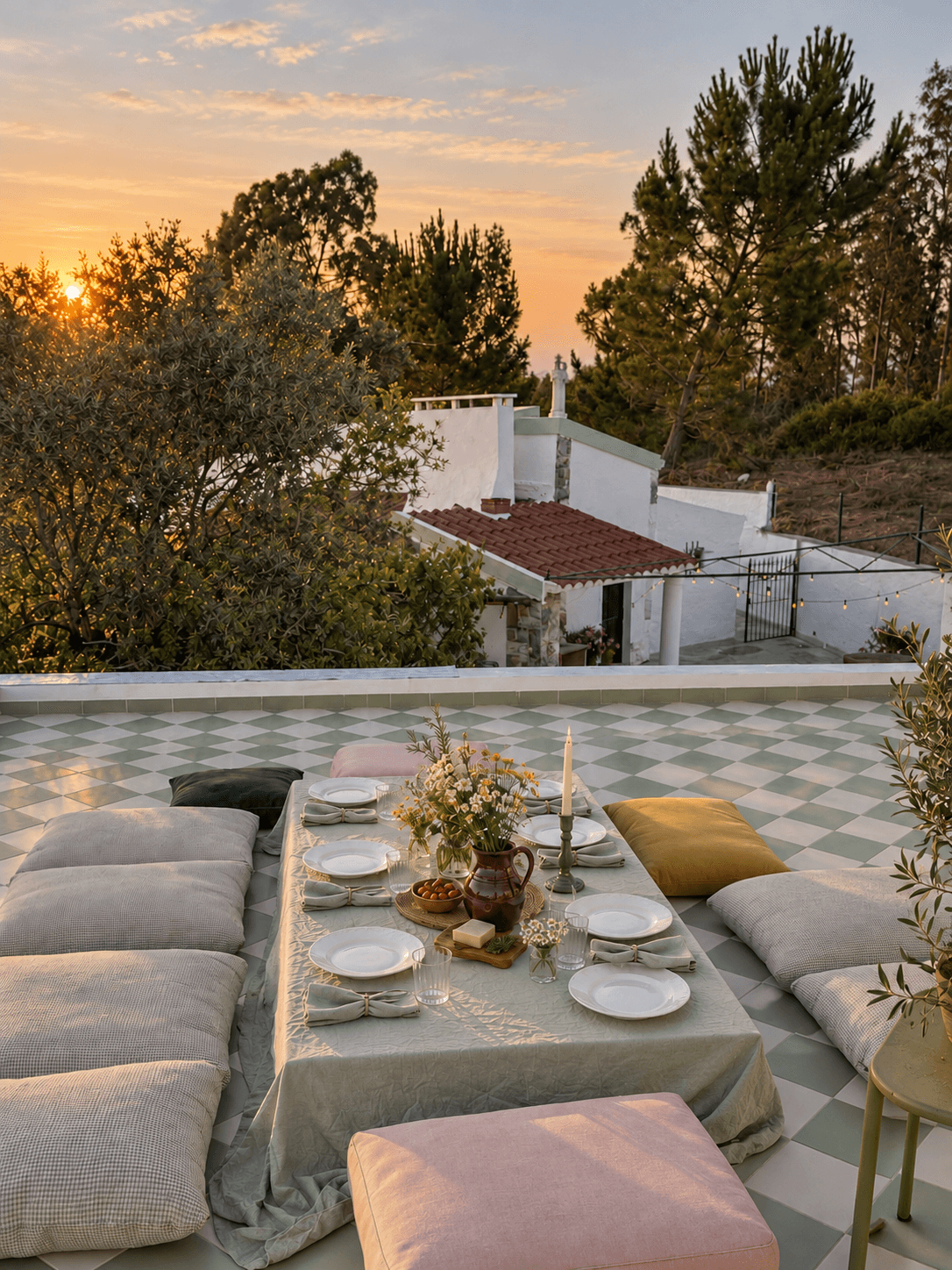 Low dining table and floor cushions on the terrace at sunset.