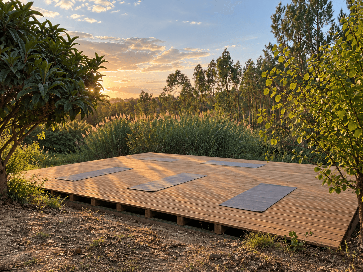 Wide view of the outdoor wooden yoga platform with mats at sunset.