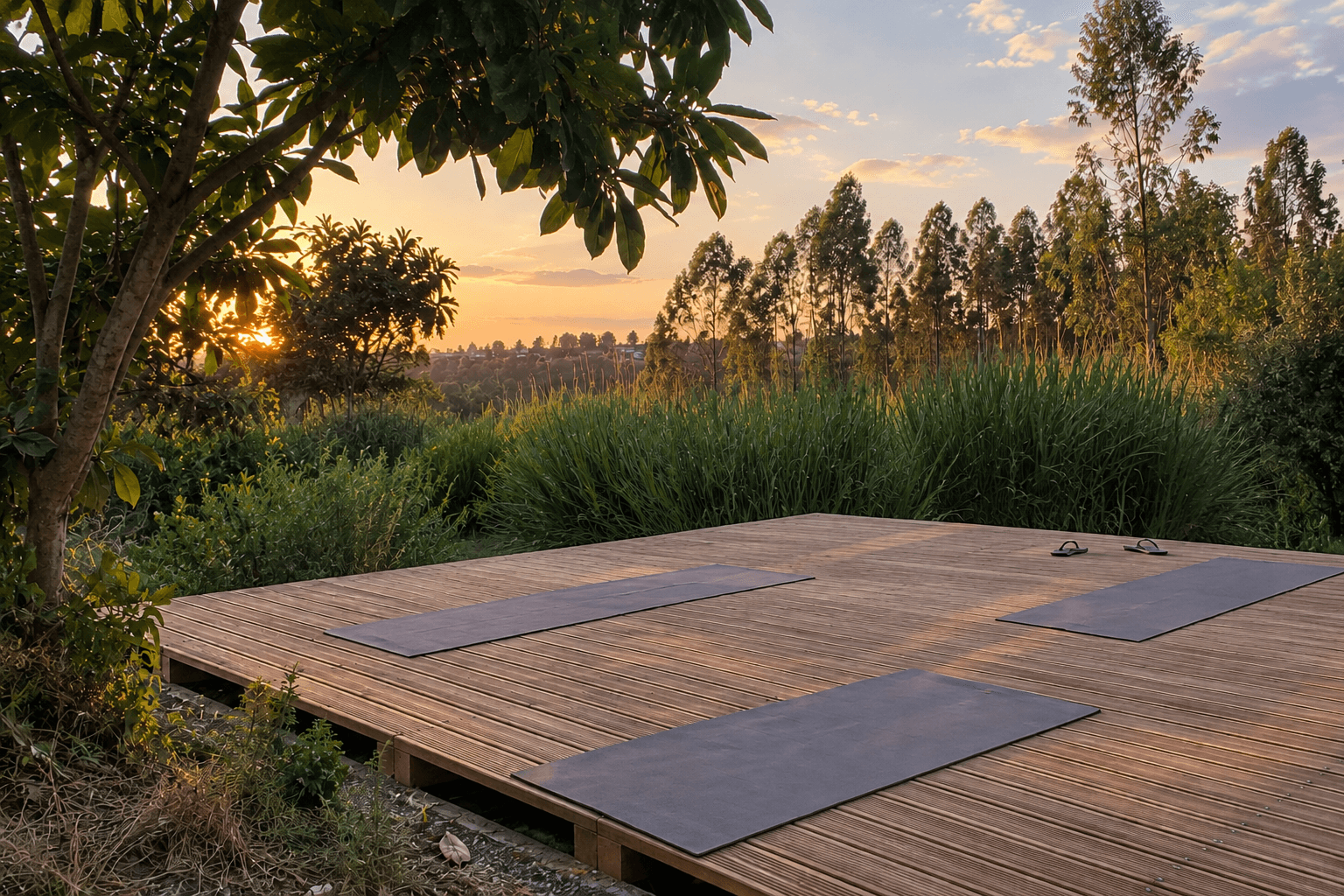 Yoga mats on the wooden platform beneath trees in evening light.